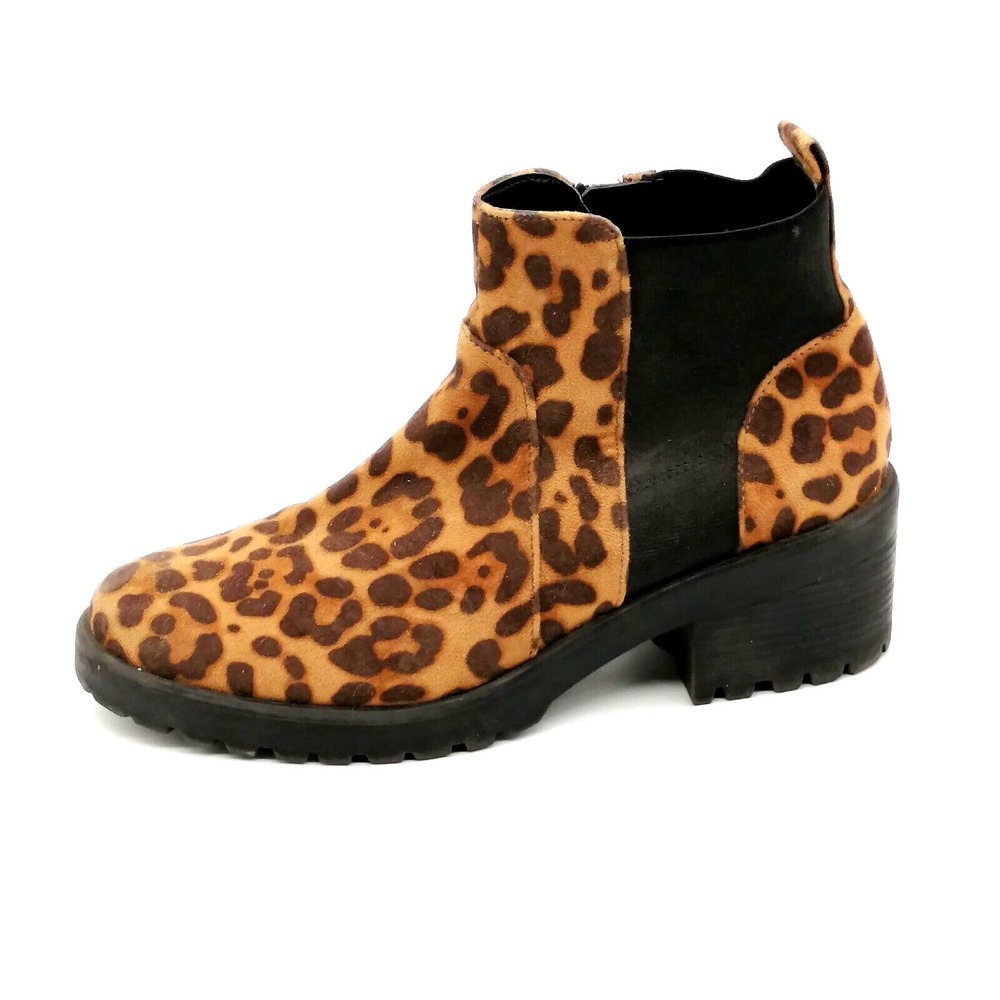 Scoop Shoes Womens Brown Leopard Print 9.5 Ankle Boots Side Zip Stretch‎ Biker